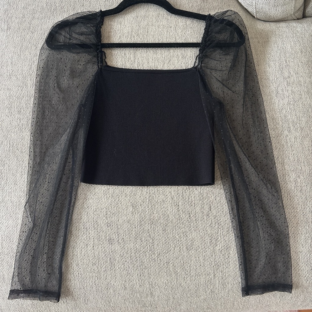 Zara Black Sheer Polka Dot Long Sleeve Top